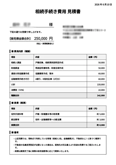 相続手続き費用 見積書のイメージ