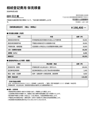 相続登記費用 見積書のイメージ